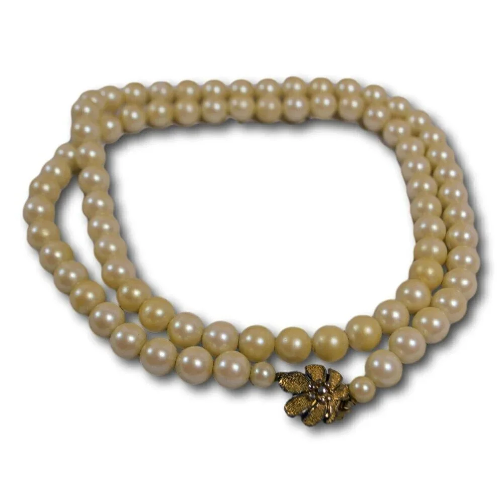 Vintage Faux Pearl Necklace w/ Gold Clasp – Wear Long or Double Strand